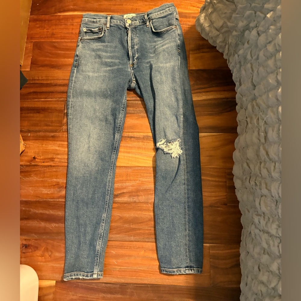 AGOLDE High Rise Distressed Straight Jeans Blue Denim Size 28 (0433)